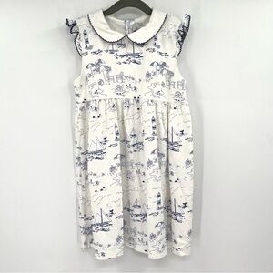 NANTUCKET KIDS Girls Toile Print Dress 7Y White Blue Preppy Pima Cotton Collared